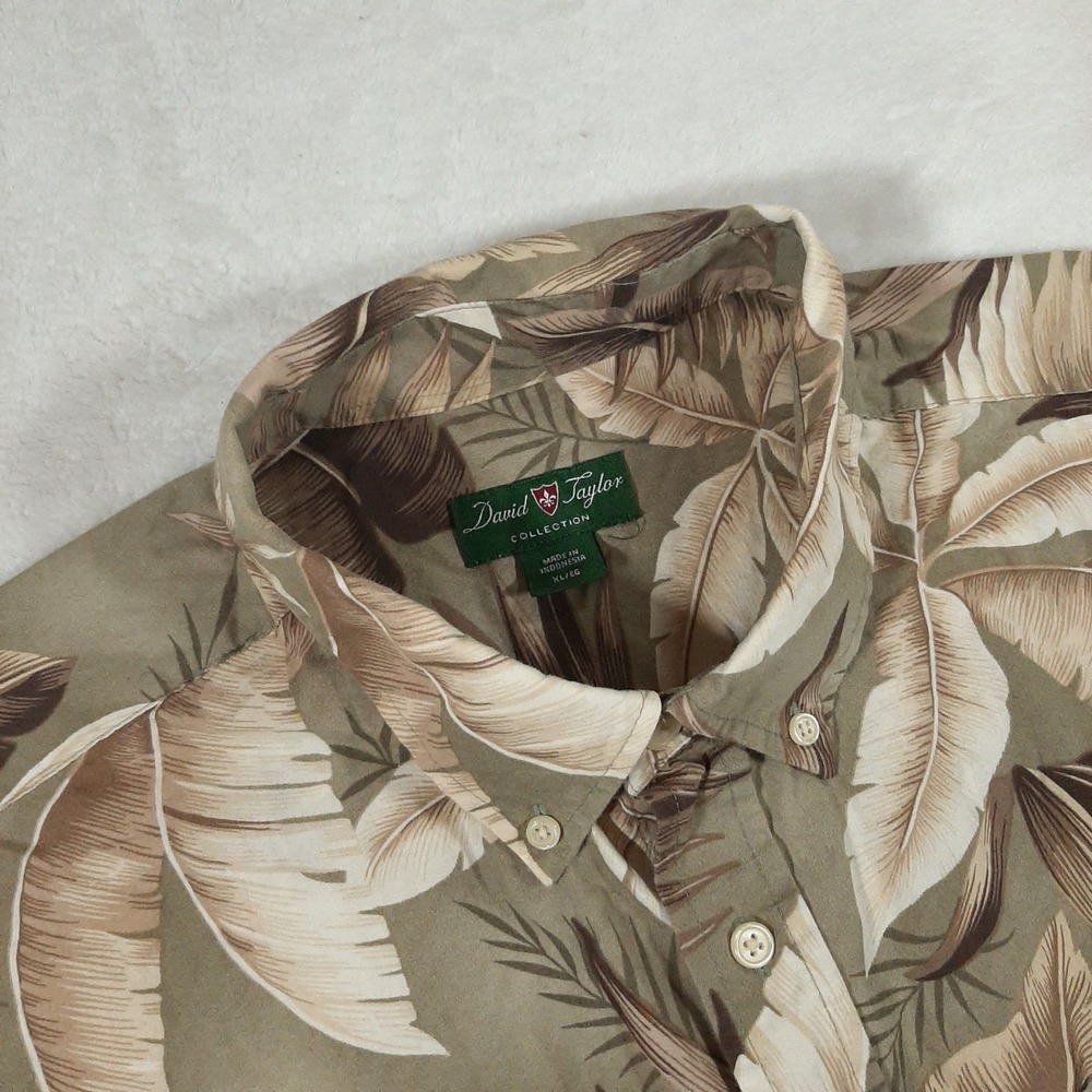 David Taylor Mens XL Tropical Leaf Button Down Summer Shirt Olive Green Brown